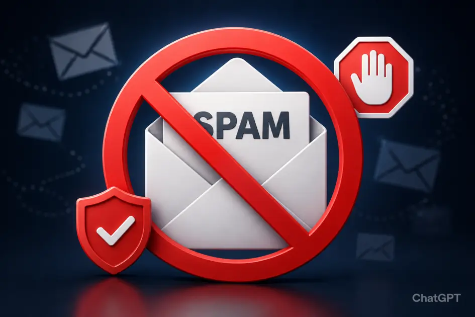 Spam email blocked with red warning shield and stop sign