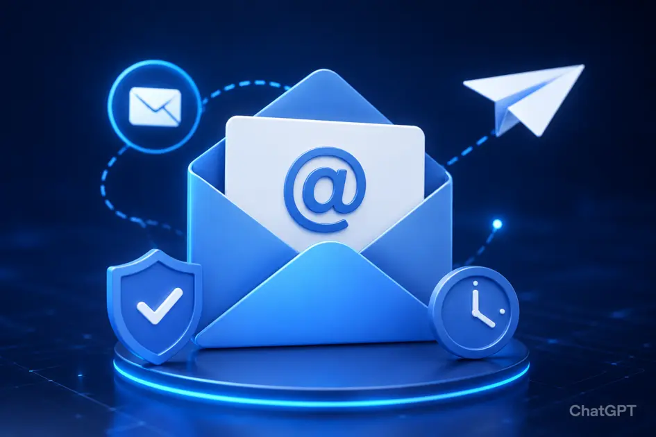 Temporary email service with inbox, shield and clock icons